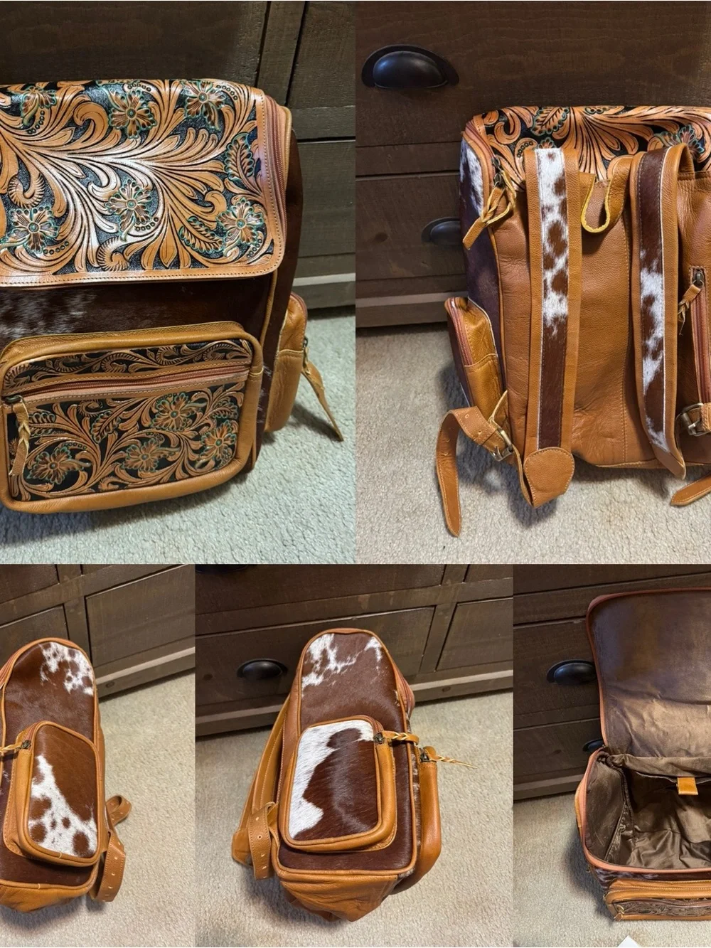 Tooled Leather Floral Backpack With Brown Cowhide